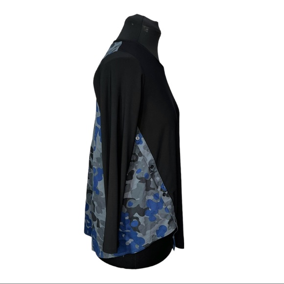 SUN KIM/Comfy USA Side Snap Asymmetrical L/S Black Blue & Gray Camo Tunic Sz Md - Picture 2 of 6